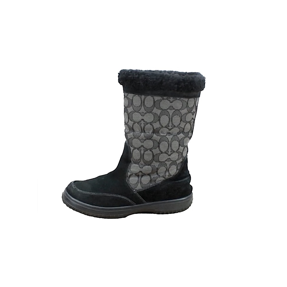 Coach Sherman Winter Boots Fleece Lined Black Suede Logo Print Booties US 5